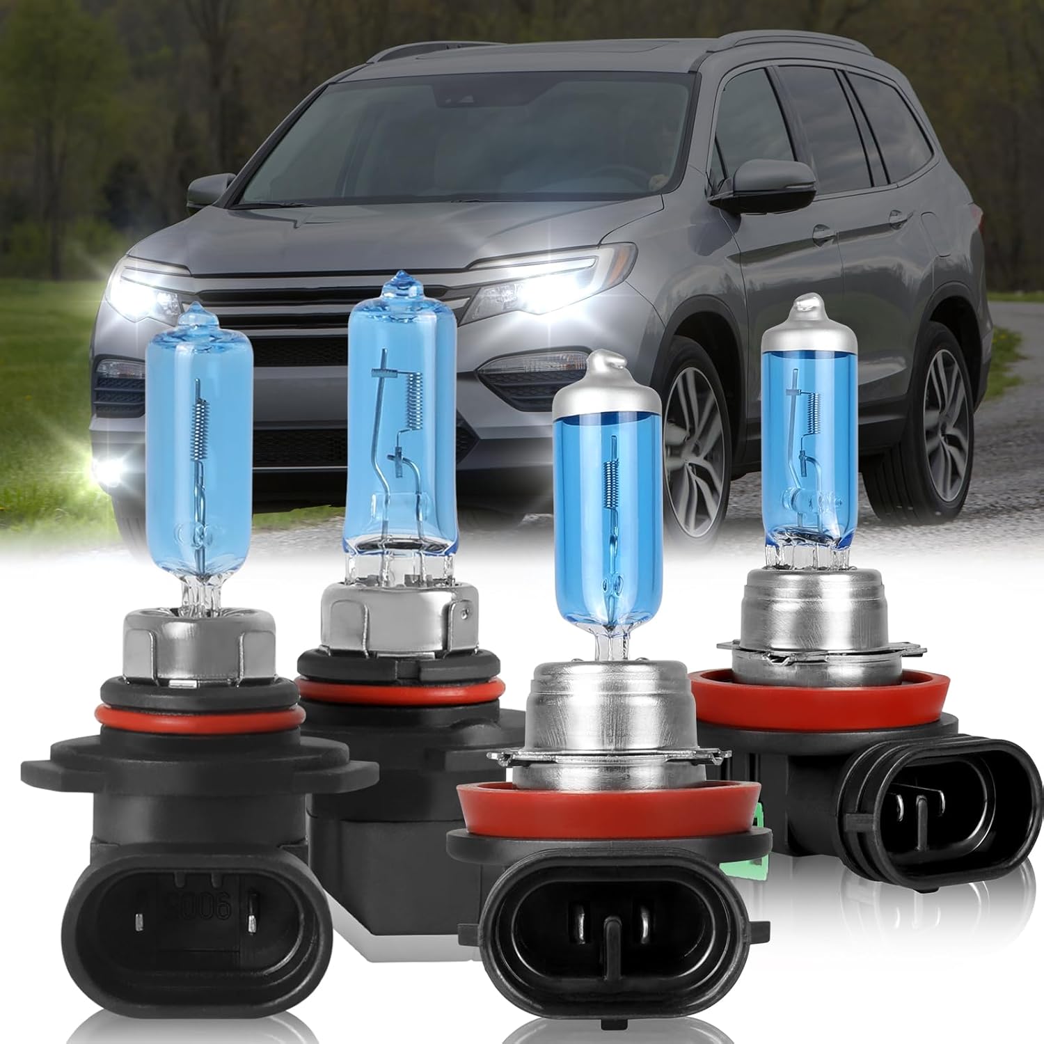 IVBDQV halogen headlight bulbs four piece combo kit front view showcasing high and low beam replacements