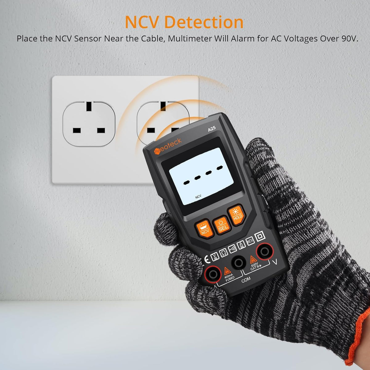 Neoteck voltage tester displaying backlit screen during measurement