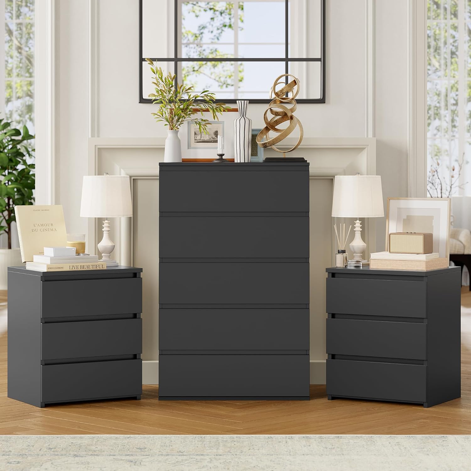 FOTOSOK 3 piece bedroom furniture set featuring a black 5 drawer dresser and two matching nightstands front view