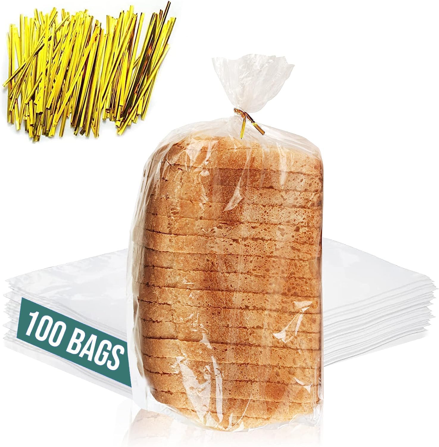 Funstitution Reusable Plastic Bread Bags front view of 100 pack clear bakery storage.