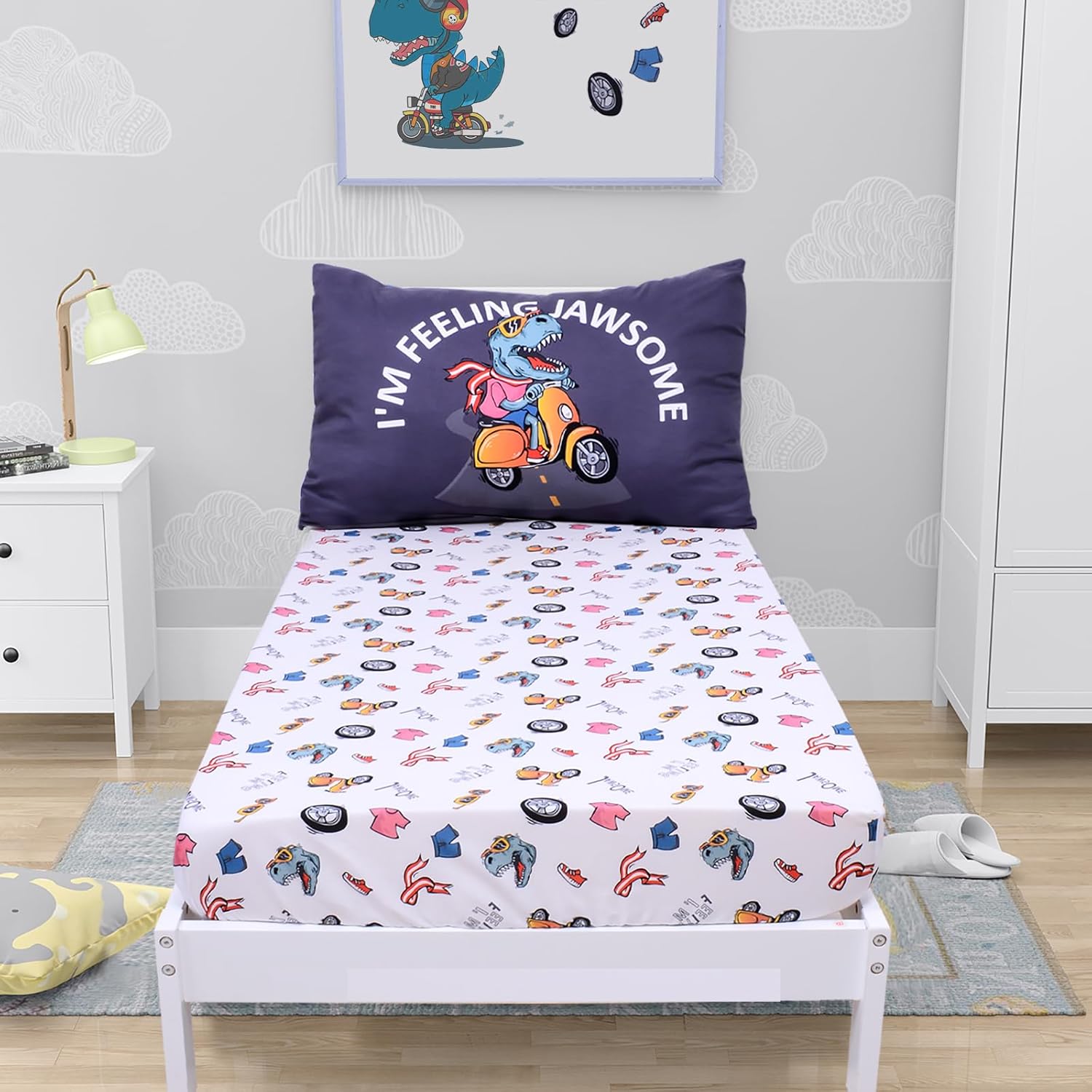 Cloele toddler dinosaur sheet and pillowcase set front view