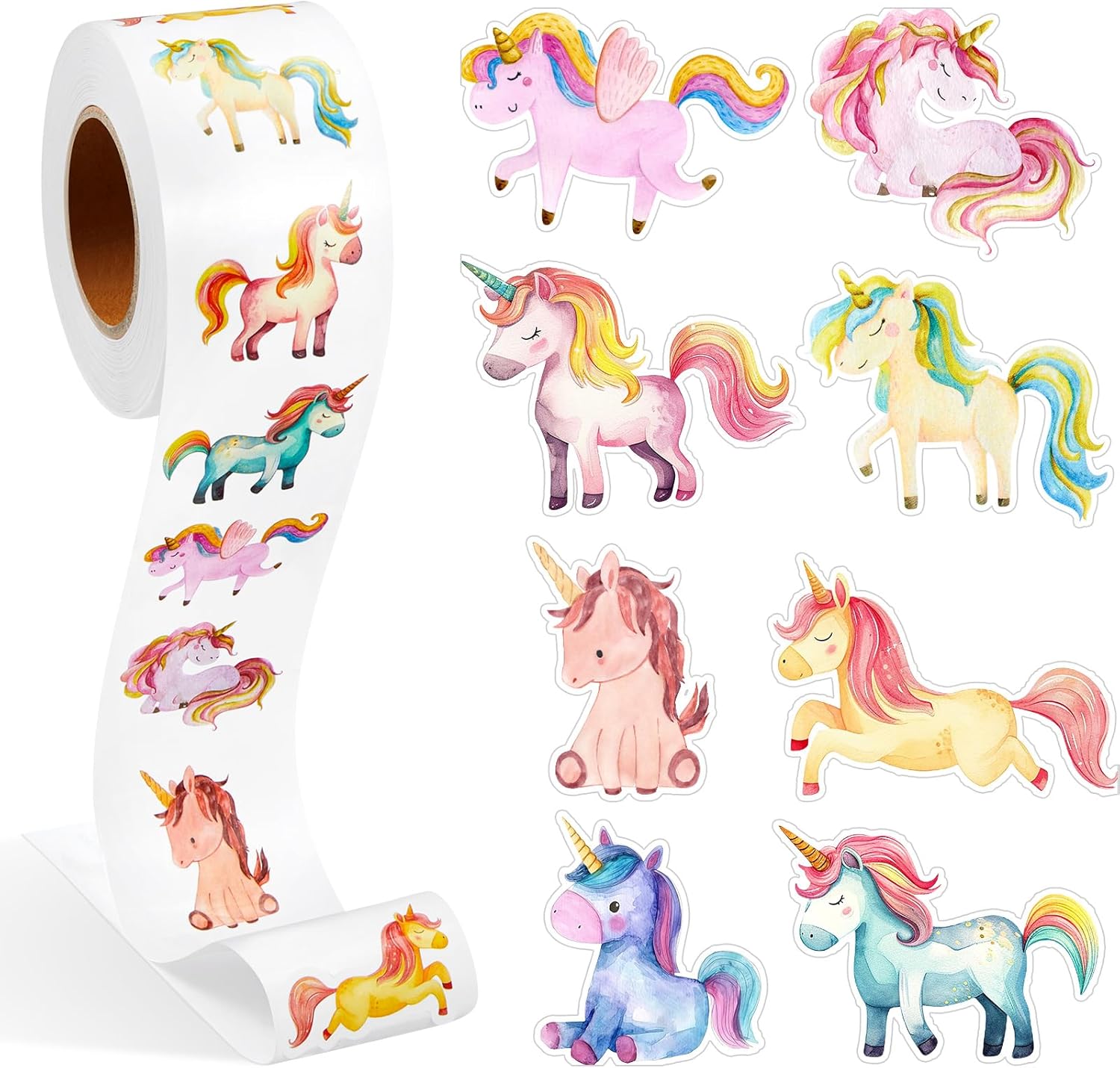 Qeeenar Unicorn Stickers Roll front view showcasing vibrant watercolor round rewards for kids.