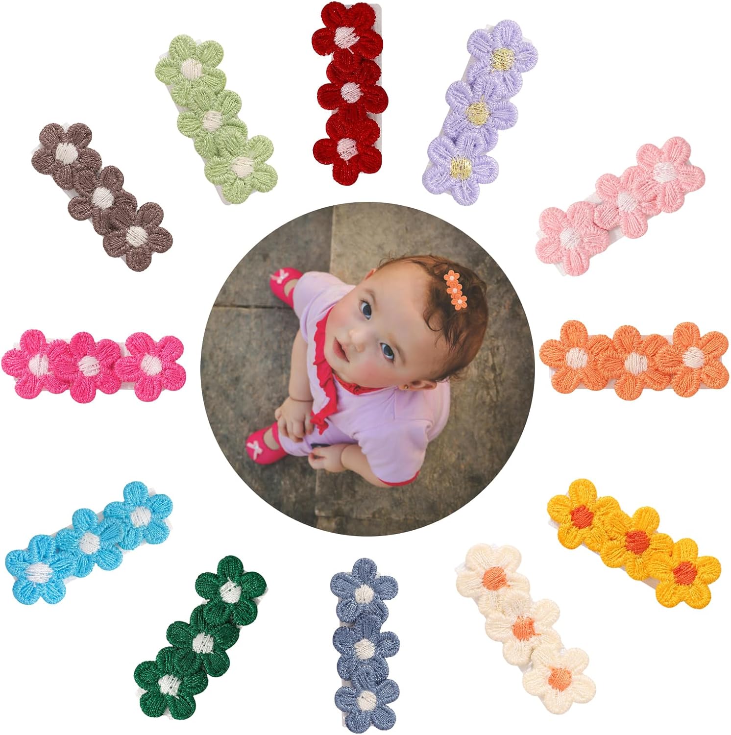 Hearuers fabric flower baby hair clips 12 piece set front view