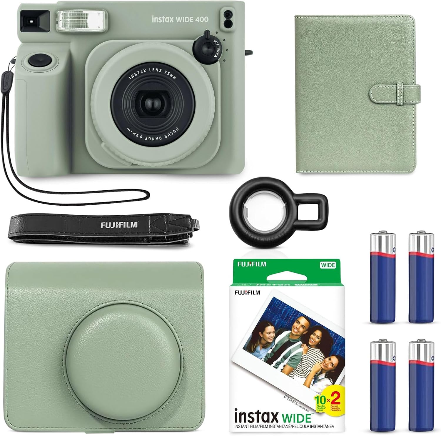 Fujifilm Instax Wide 400 Instant Camera Sage Green front view showcasing the lens barrel and shutter button