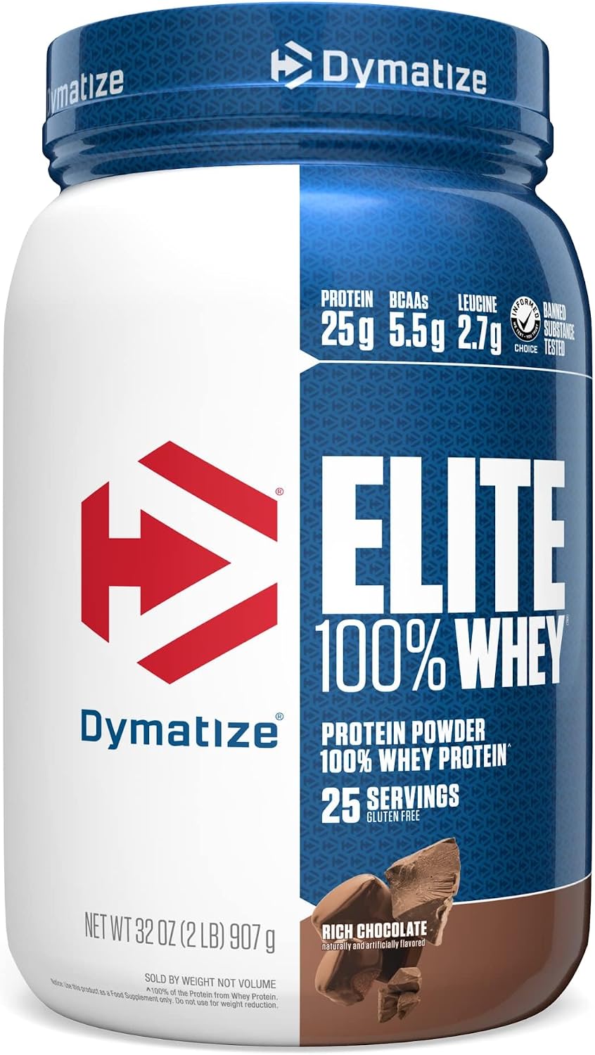 Dymatize Elite 100 Percent Whey Protein Rich Chocolate front view jar