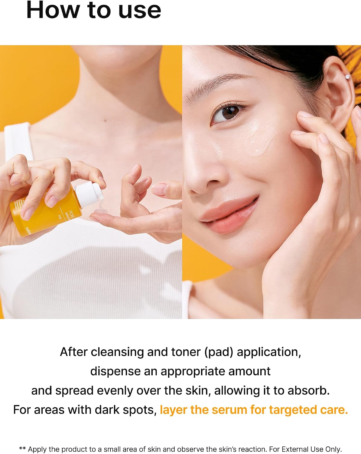 Applying Celimax pore and dark spot brightening serum onto clean skin for daily routine