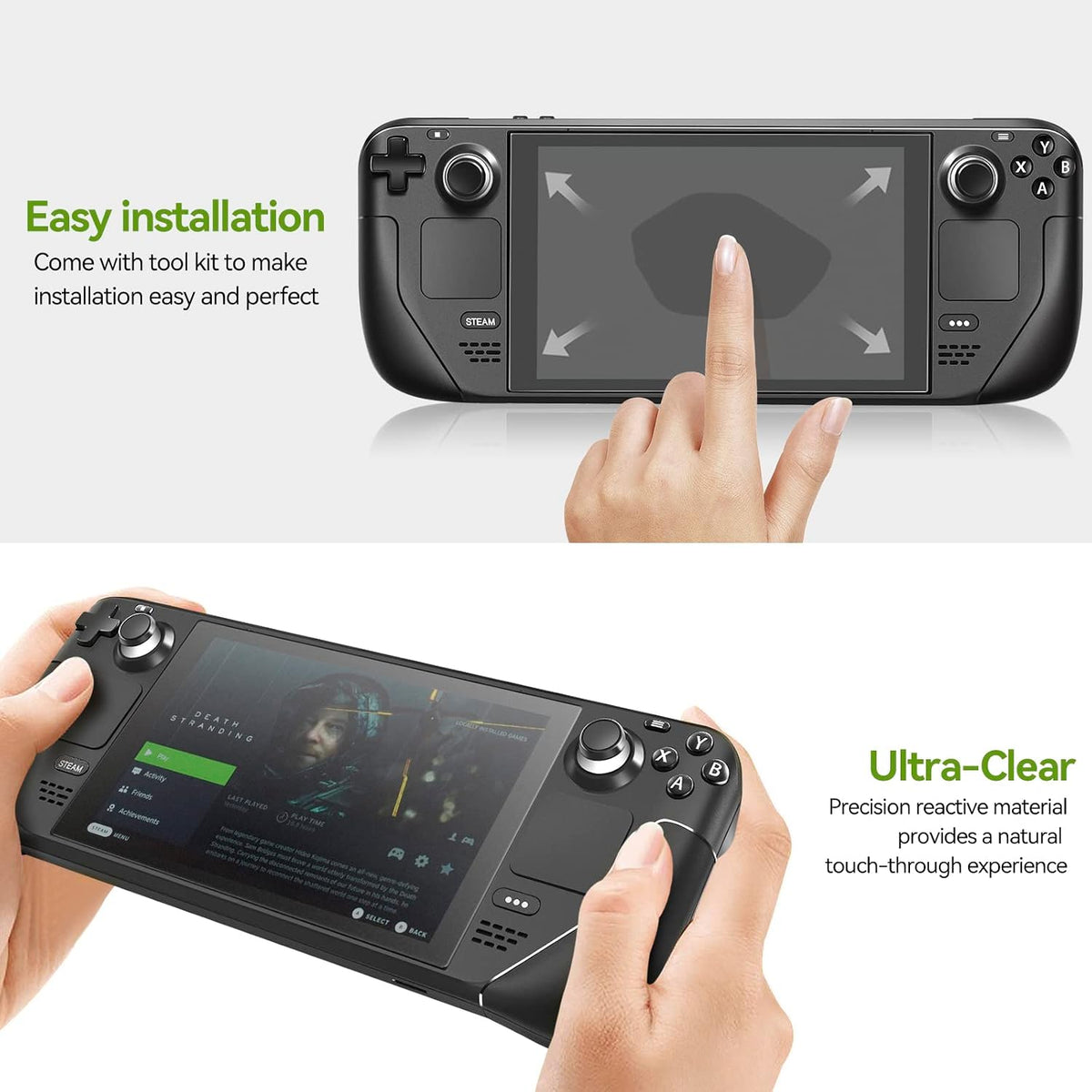 Steam Deck with fully installed case-friendly screen protector