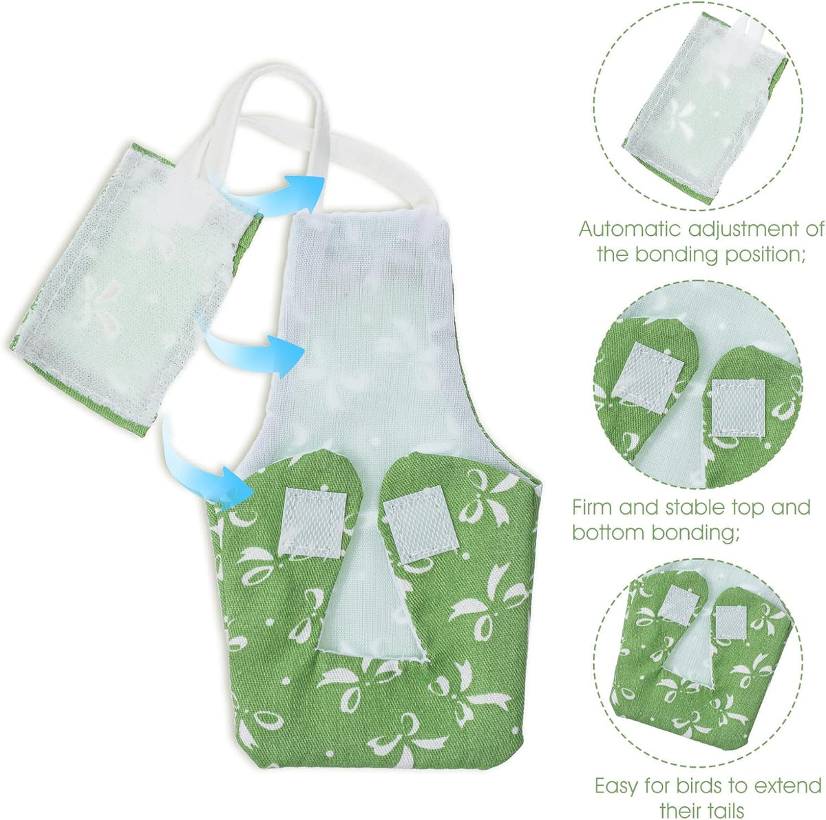 Four pieces of washable bird clothes laid flat in medium size