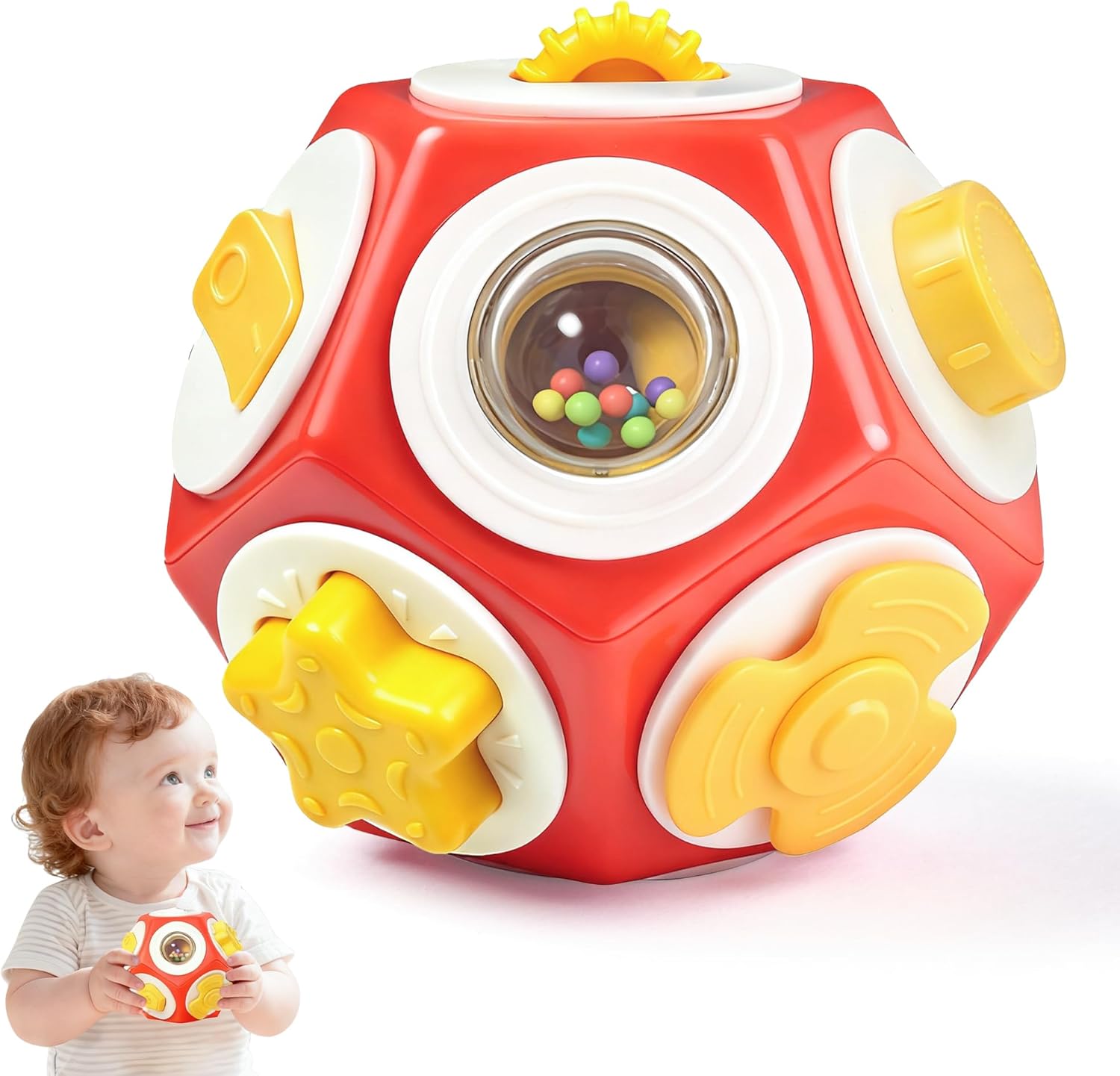 Sosushoe Montessori busy cube front view showing colorful switches and gears for toddler fine motor practice.