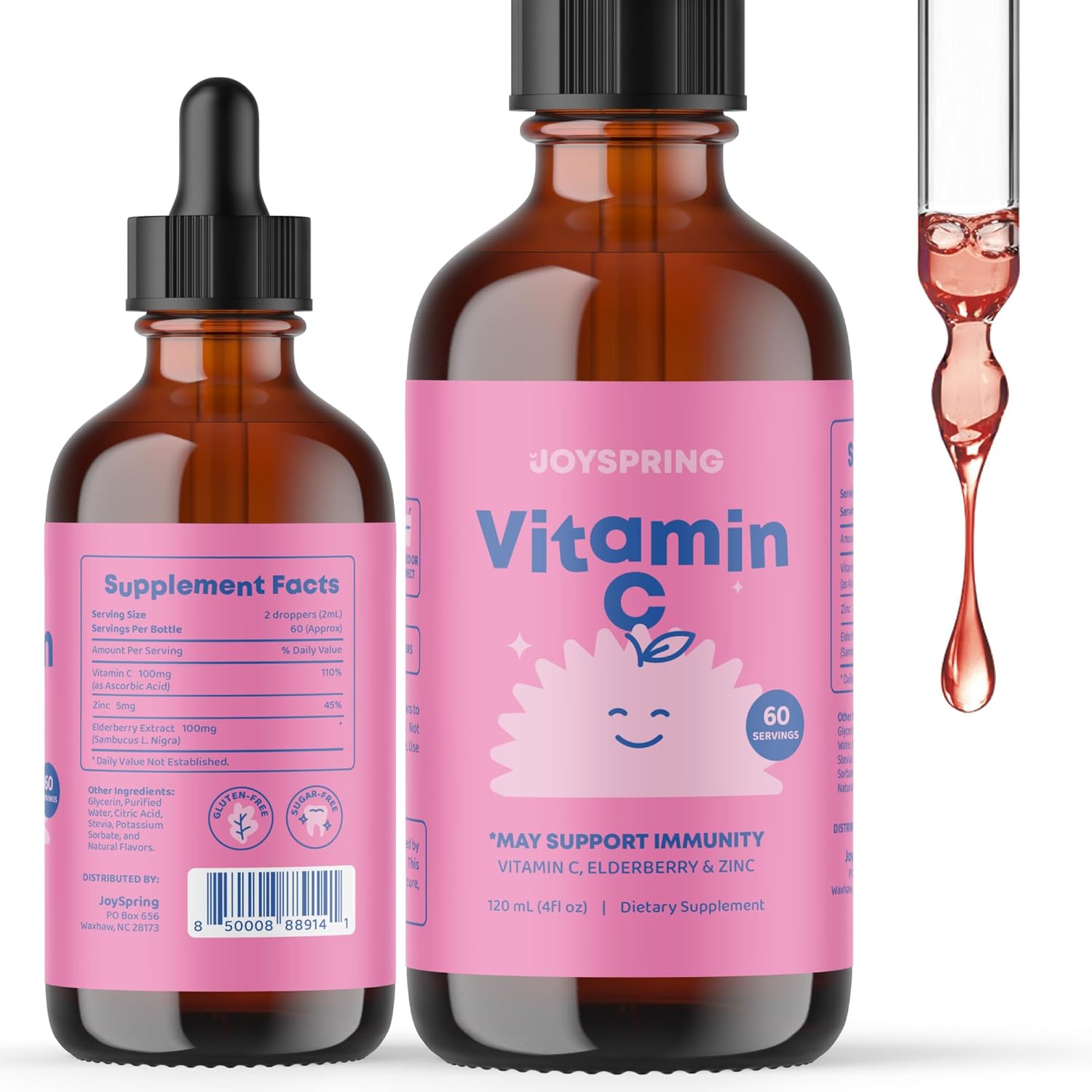 JoySpring Vitamin C and Zinc for Kids, Elderberry Liquid Supplement | Alcohol-Free Toddler Vitamin C | 3+ Years | (4 fl oz) 60 Servings - Image 1