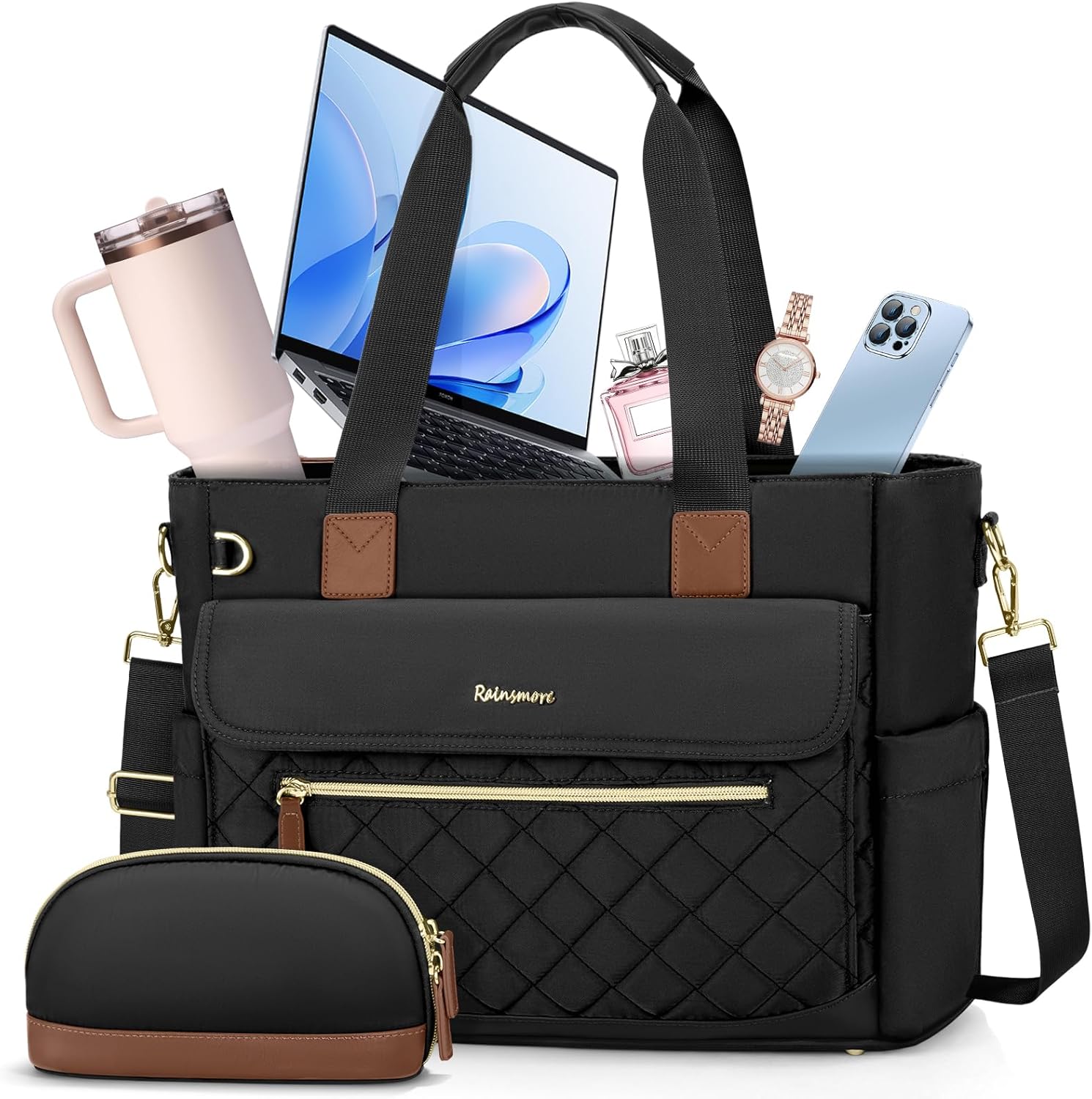 RAINSMORE teacher tote bag front view showcasing the professional black structured laptop briefcase design.