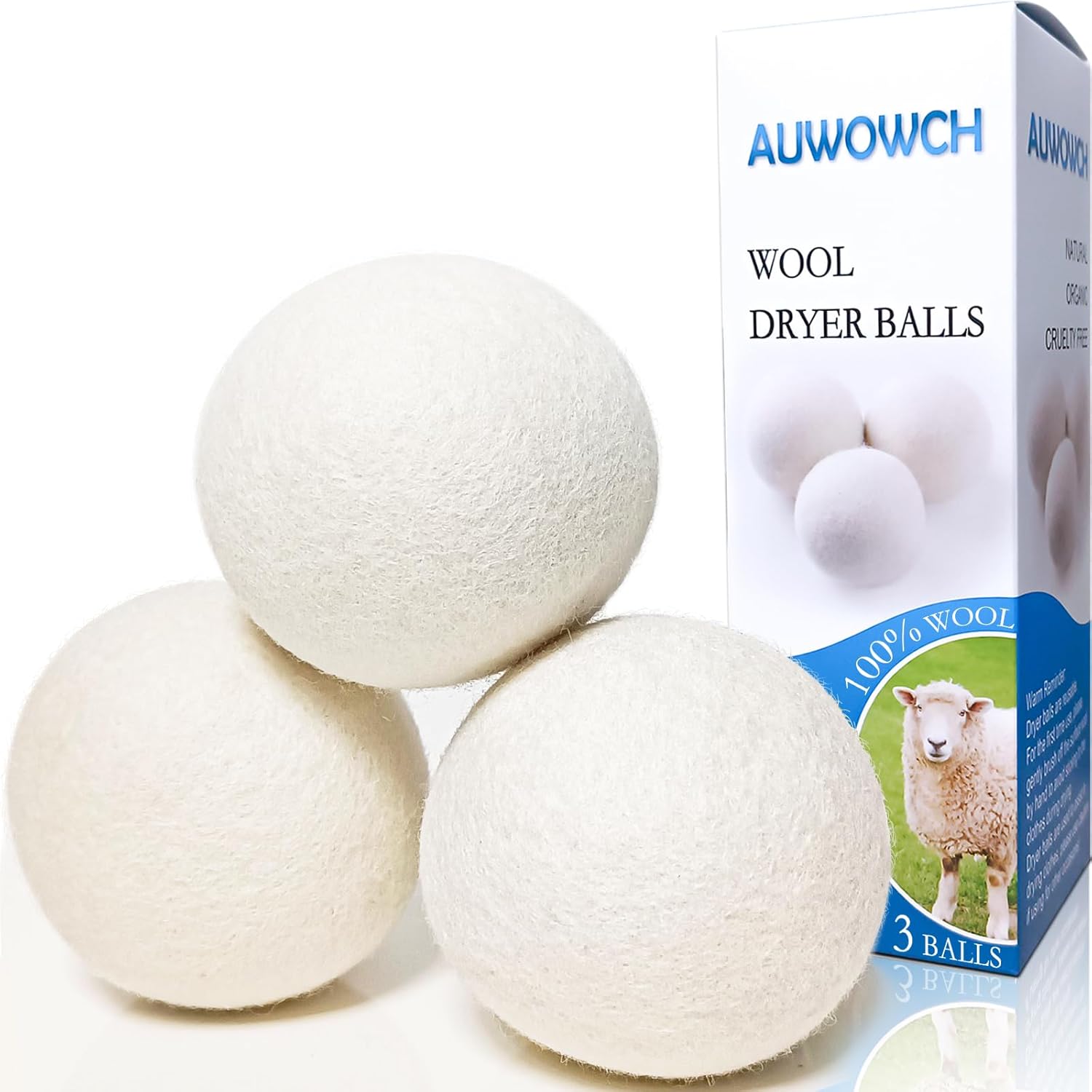 CHIAFFI wool dryer balls three count pack front view on laundry shelf