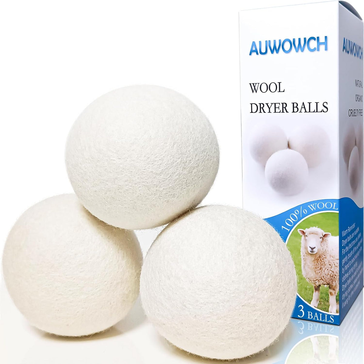 CHIAFFI wool dryer balls three count pack front view on laundry shelf