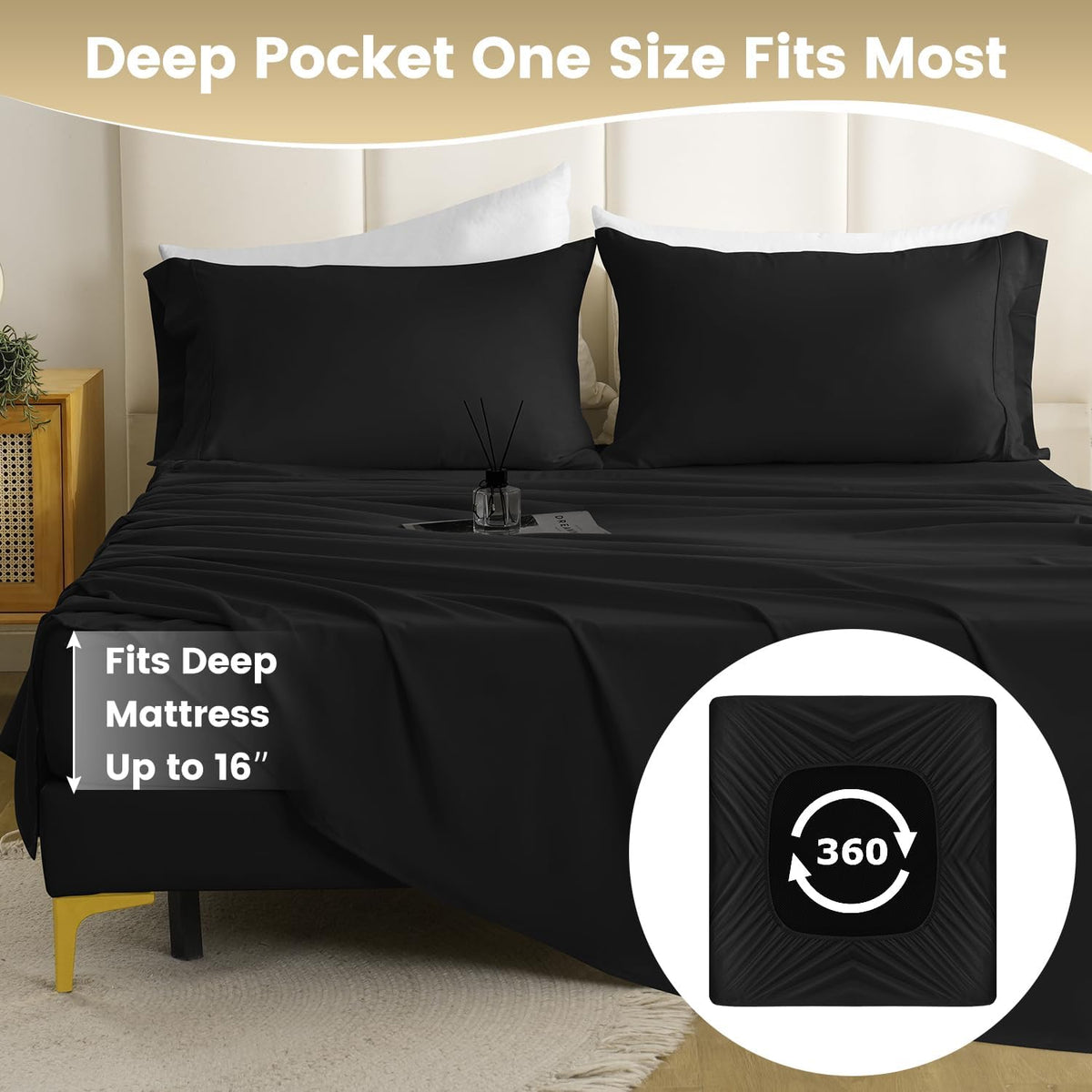 CozySmile fitted sheet showing 16-inch deep pocket elastic corners