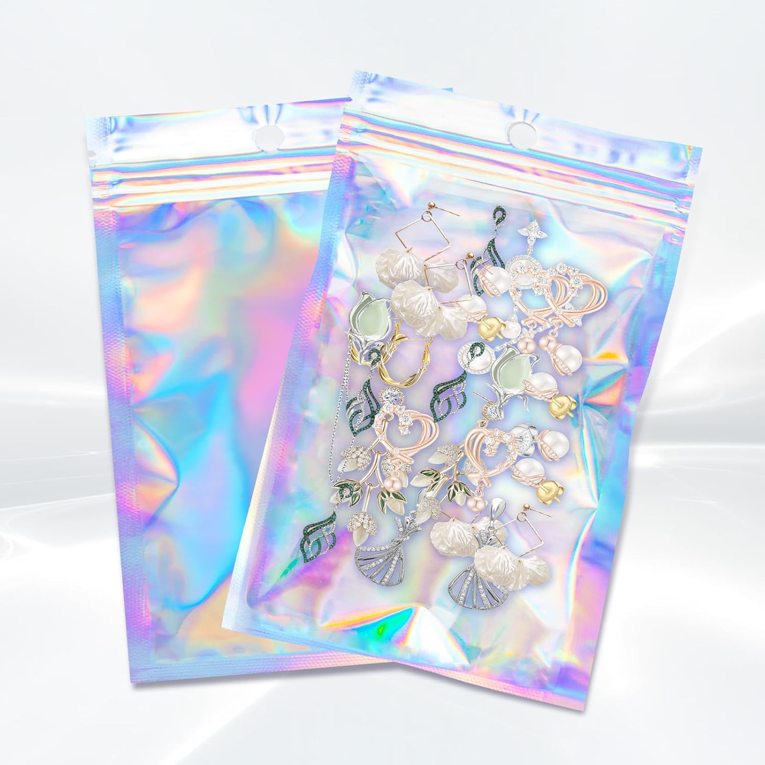Motomy Holographic Packaging Bags 100 Pieces front view iridescent resealable pouches.