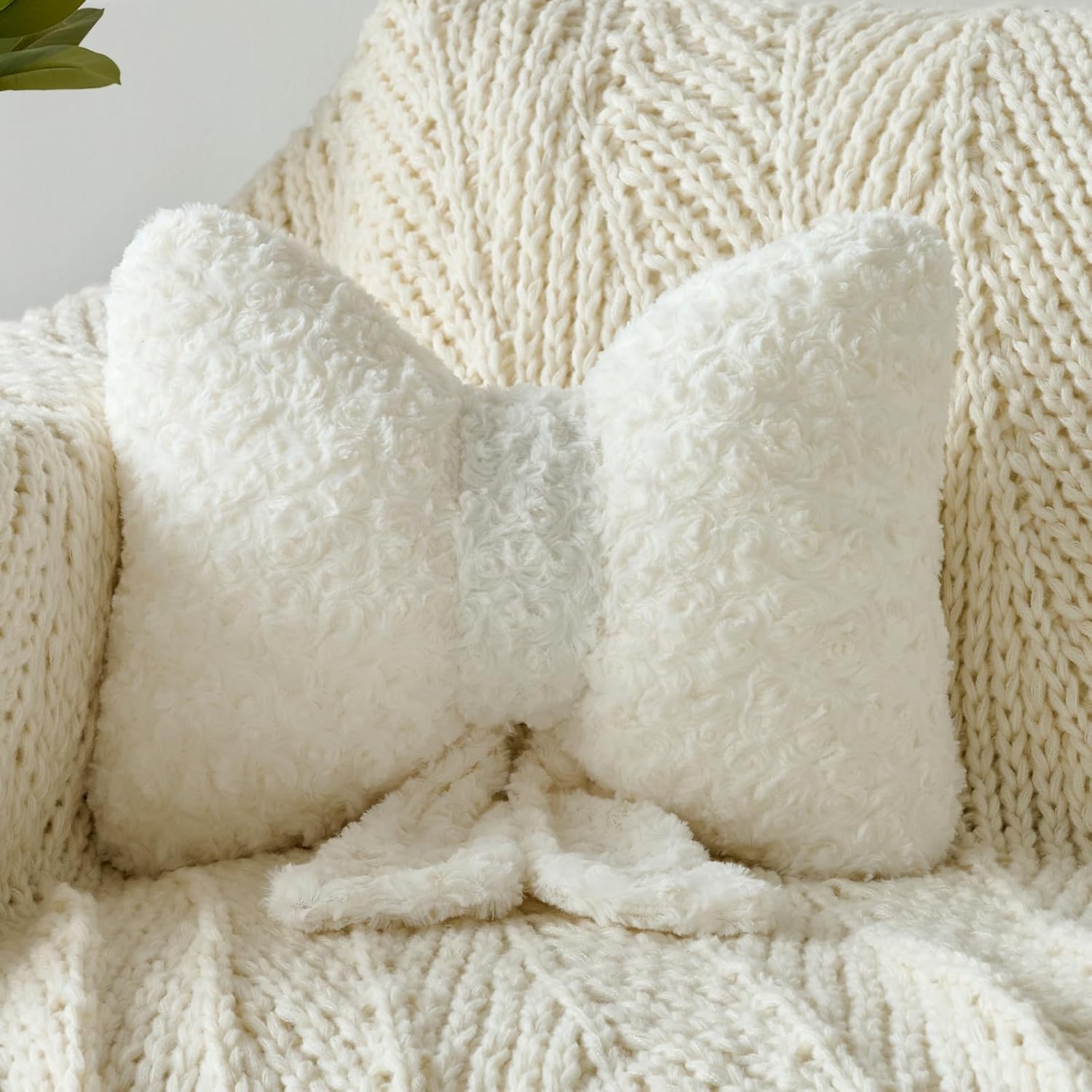 Ddliury bow shaped plush throw pillow white front view