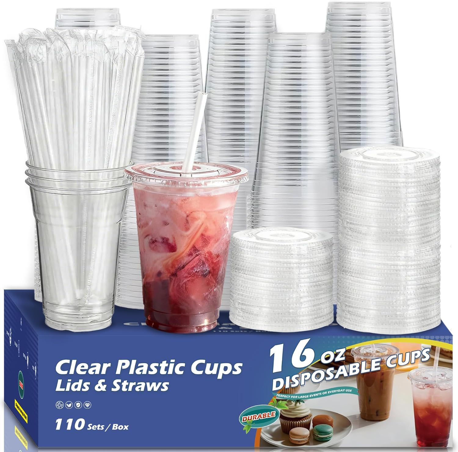 Voatree 110 Pack 16 Ounce Clear Plastic Cups Front View