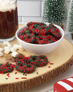 Close up of Vermont Nut Free pretzels with red and green sprinkles