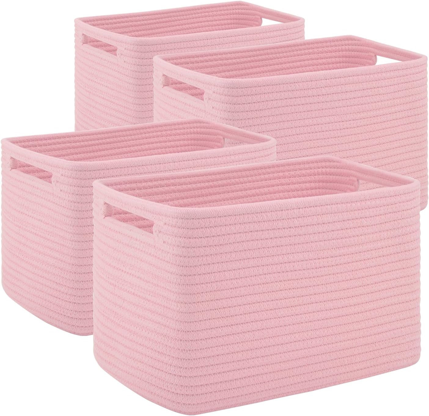 SIXDOVE woven storage baskets front view of four pink cotton rope nursery organizers on a shelf.