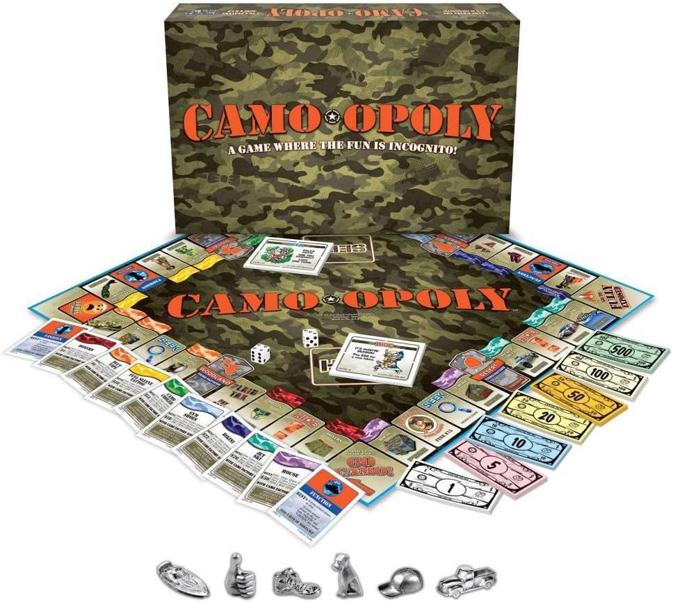 Late for the Sky Camo-Opoly Board Game front view board game box