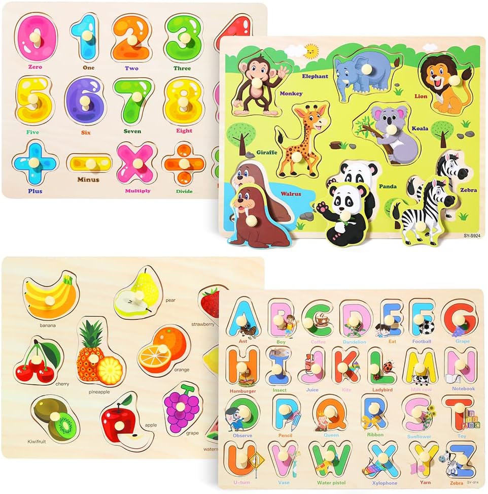 Blppldyci GRINNNIE wooden peg puzzle set front view showcasing four educational boards for toddlers.