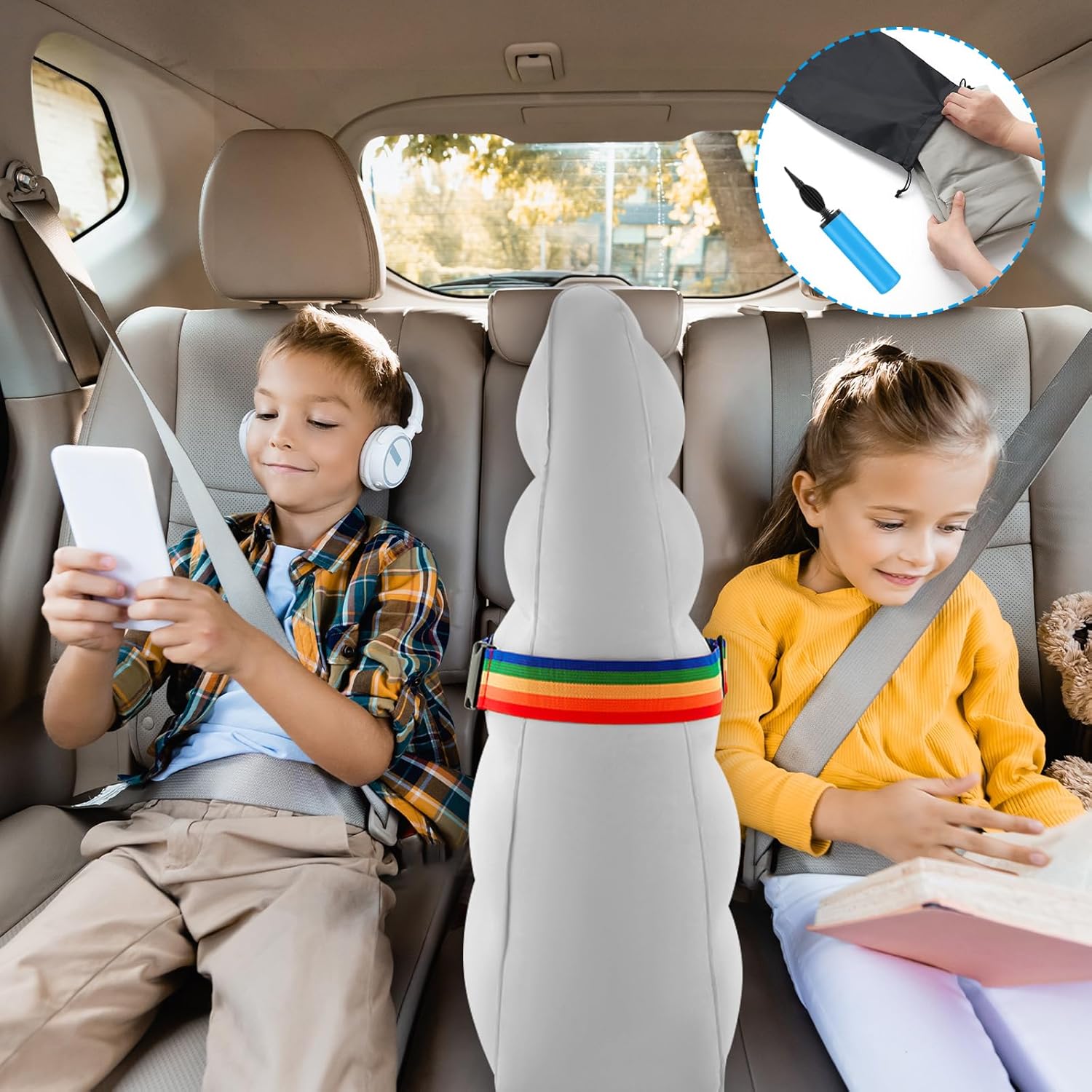 BBTO Inflatable Car Backseat Divider front view installed between vehicle seats