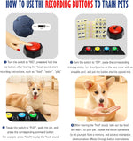Overhead angle of the complete pet speech kit including four colored buzzers a non slip base and sticker sheets