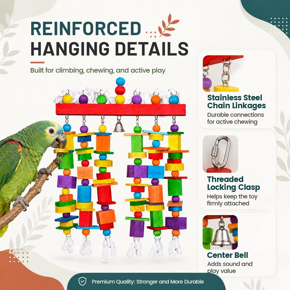 Premium imported large bird toy stainless steel chain and bell details