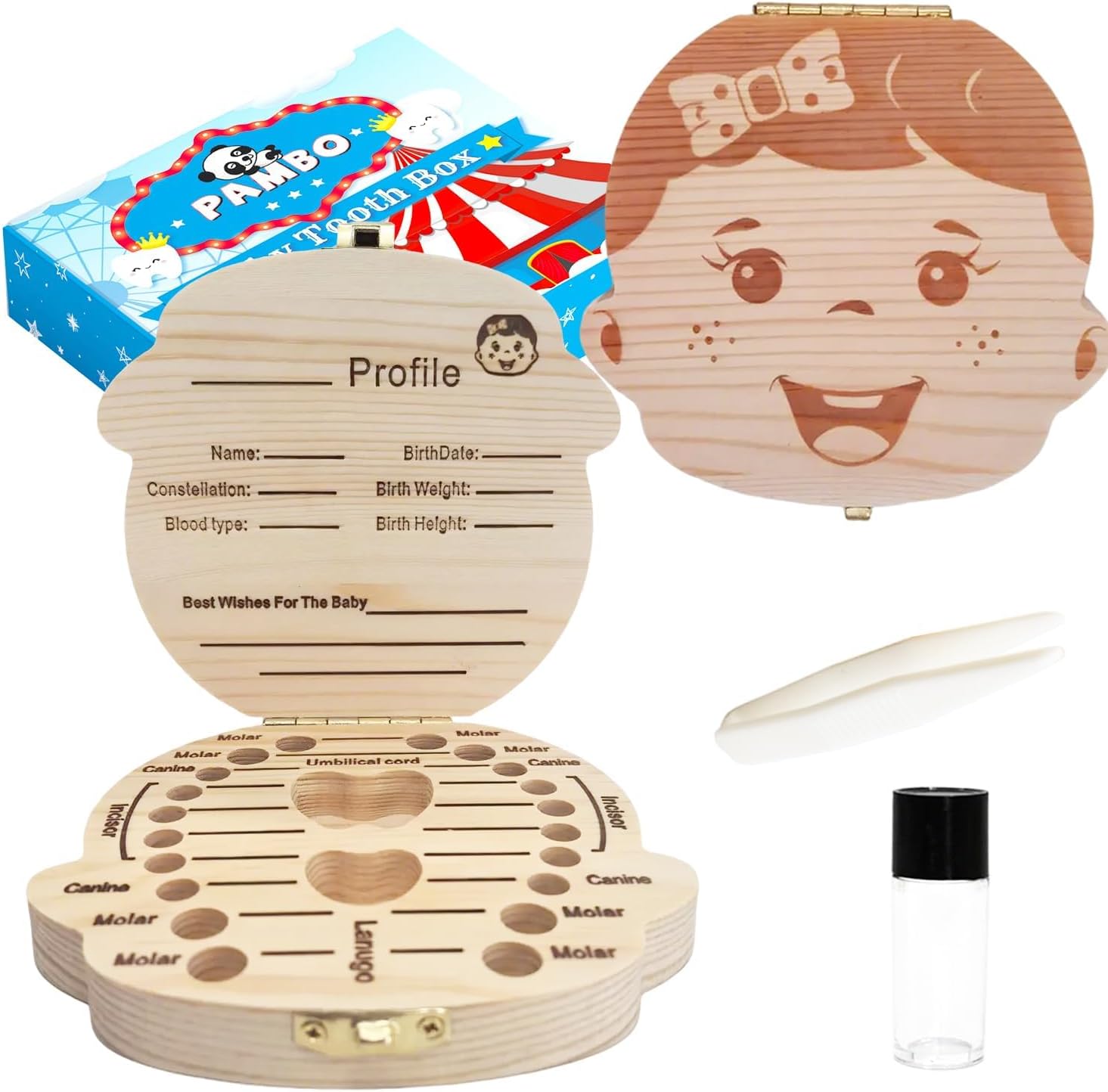 Pambo wooden baby tooth keepsake box for girls front view