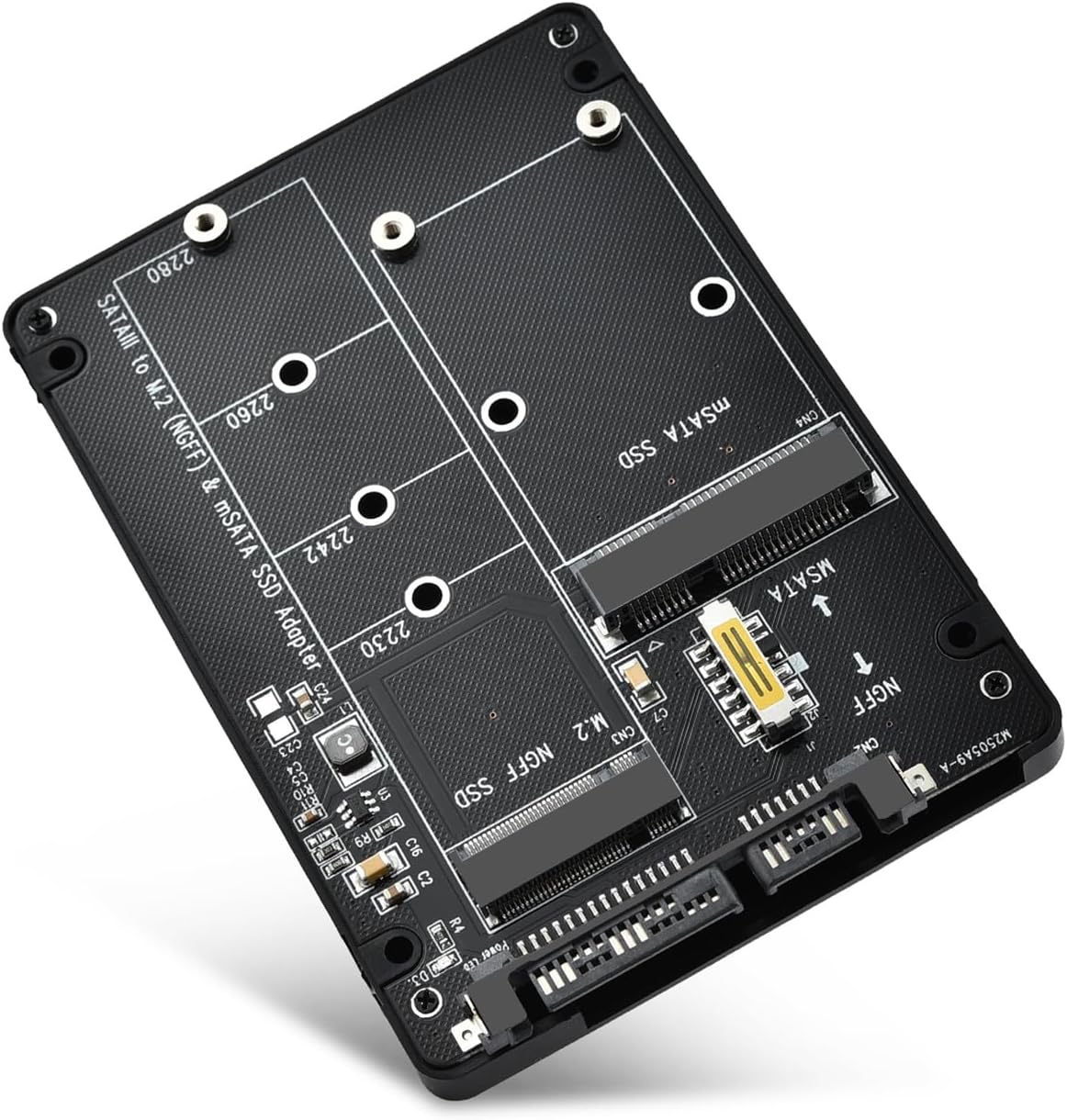 Eluteng M2 to SATA adapter front view showing the dual slots and toggle switch mechanism