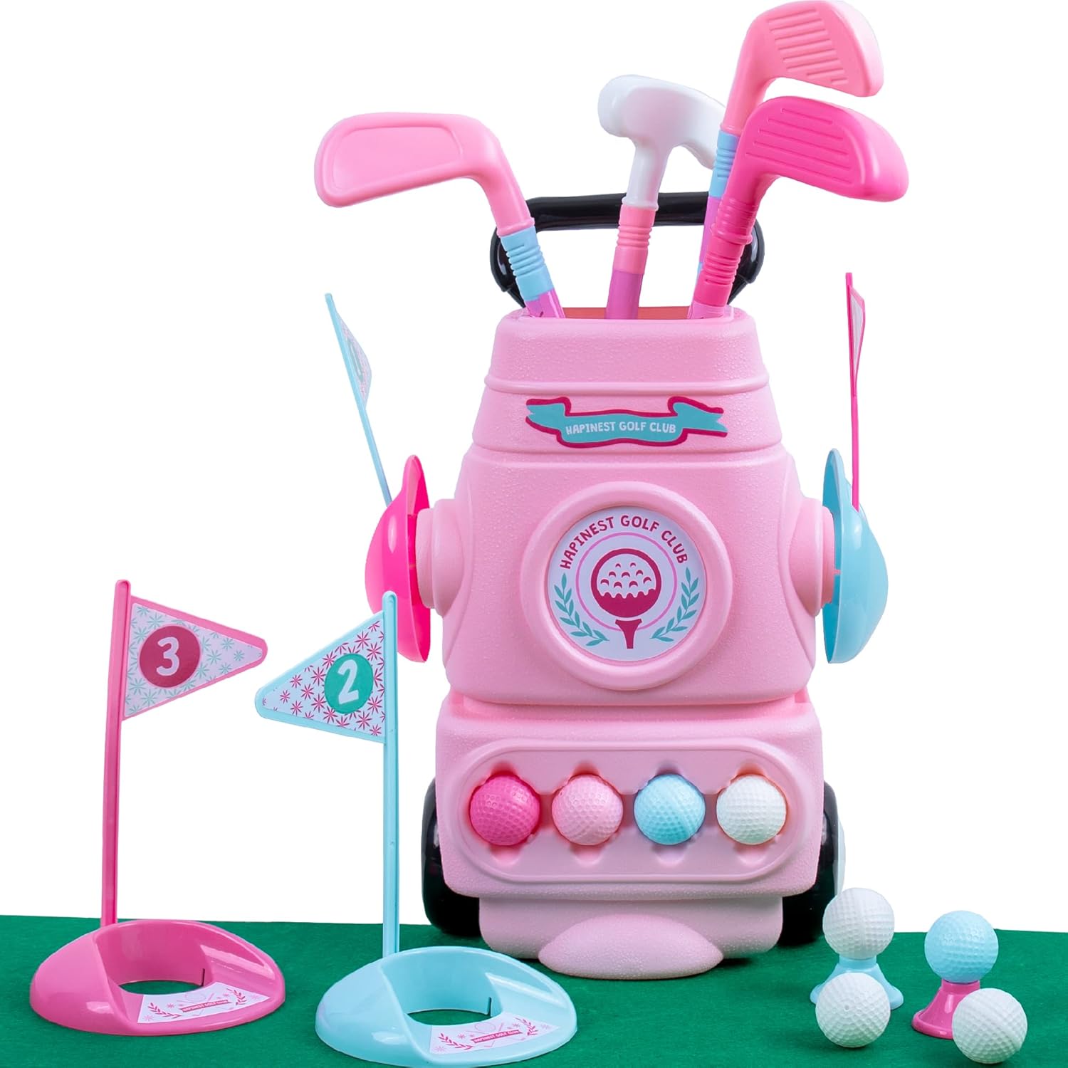 Hapinest toddler girl golf set pink front view showing clubs and bag