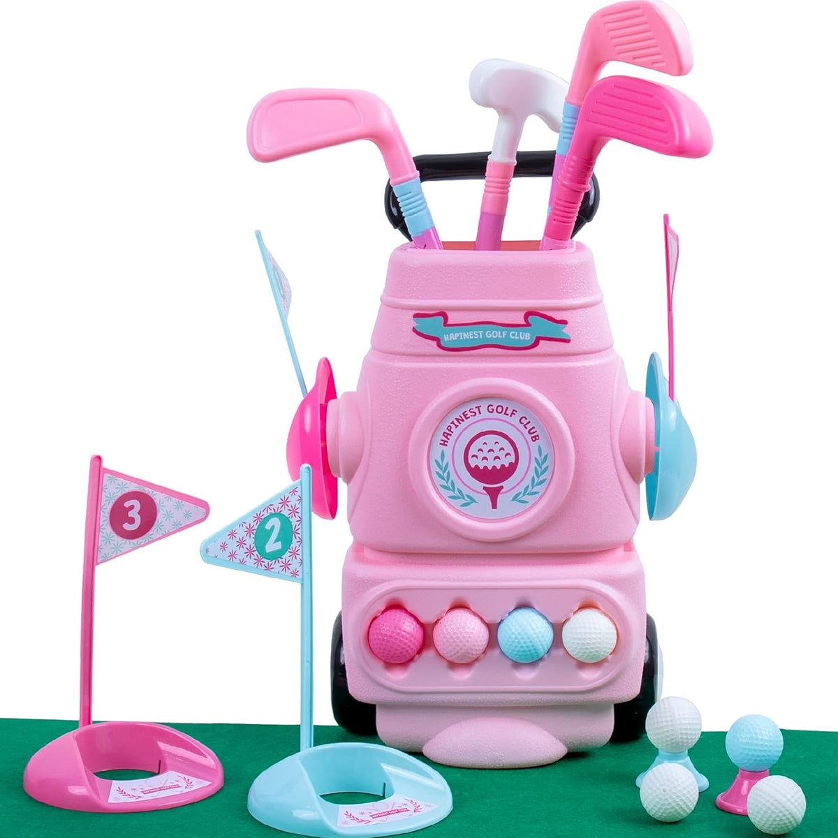 Hapinest toddler girl golf set pink front view showing clubs and bag