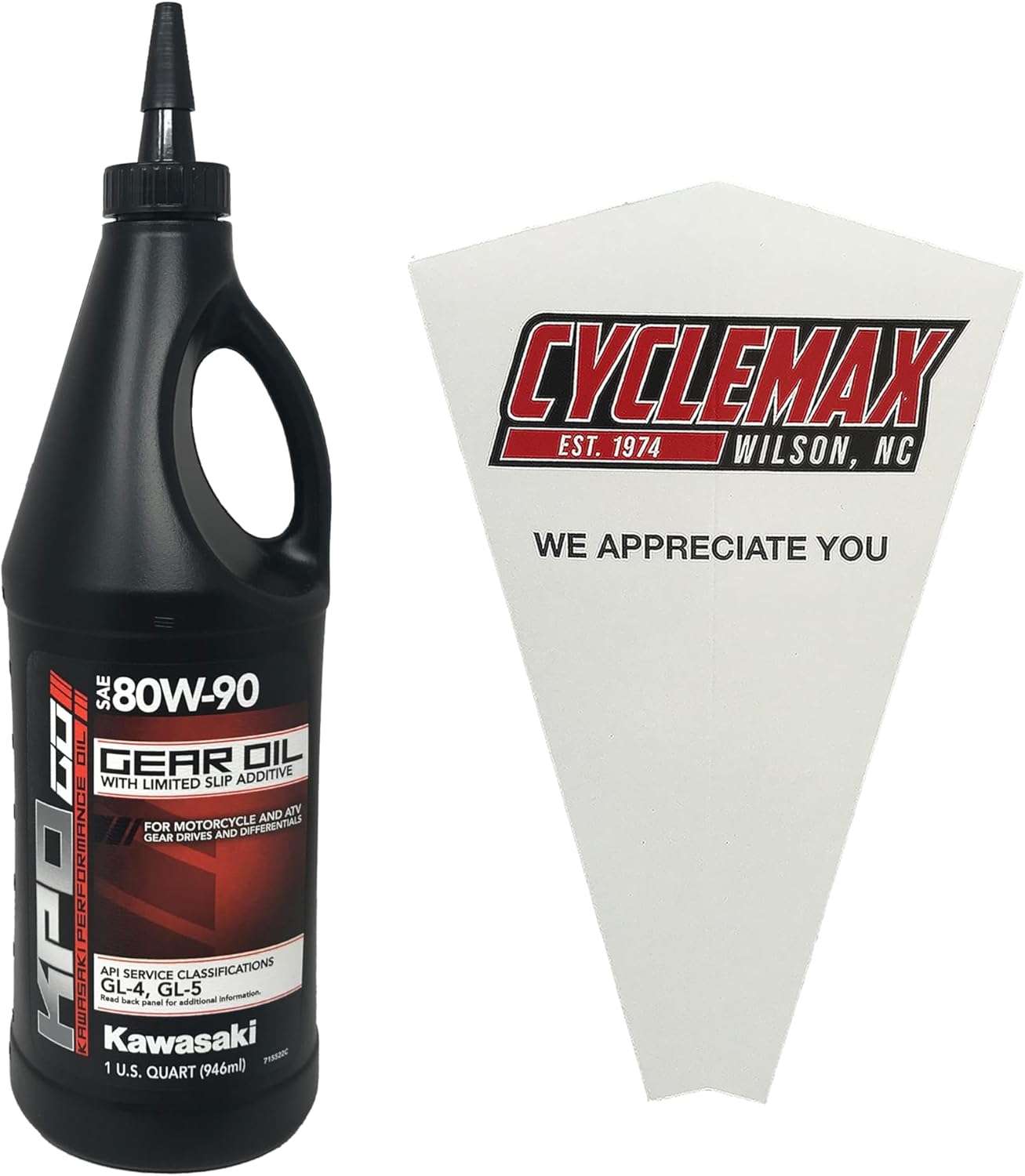 Cyclemax gear oil pack compatible with Kawasaki final drive front view authentic USA imported automotive fluid.