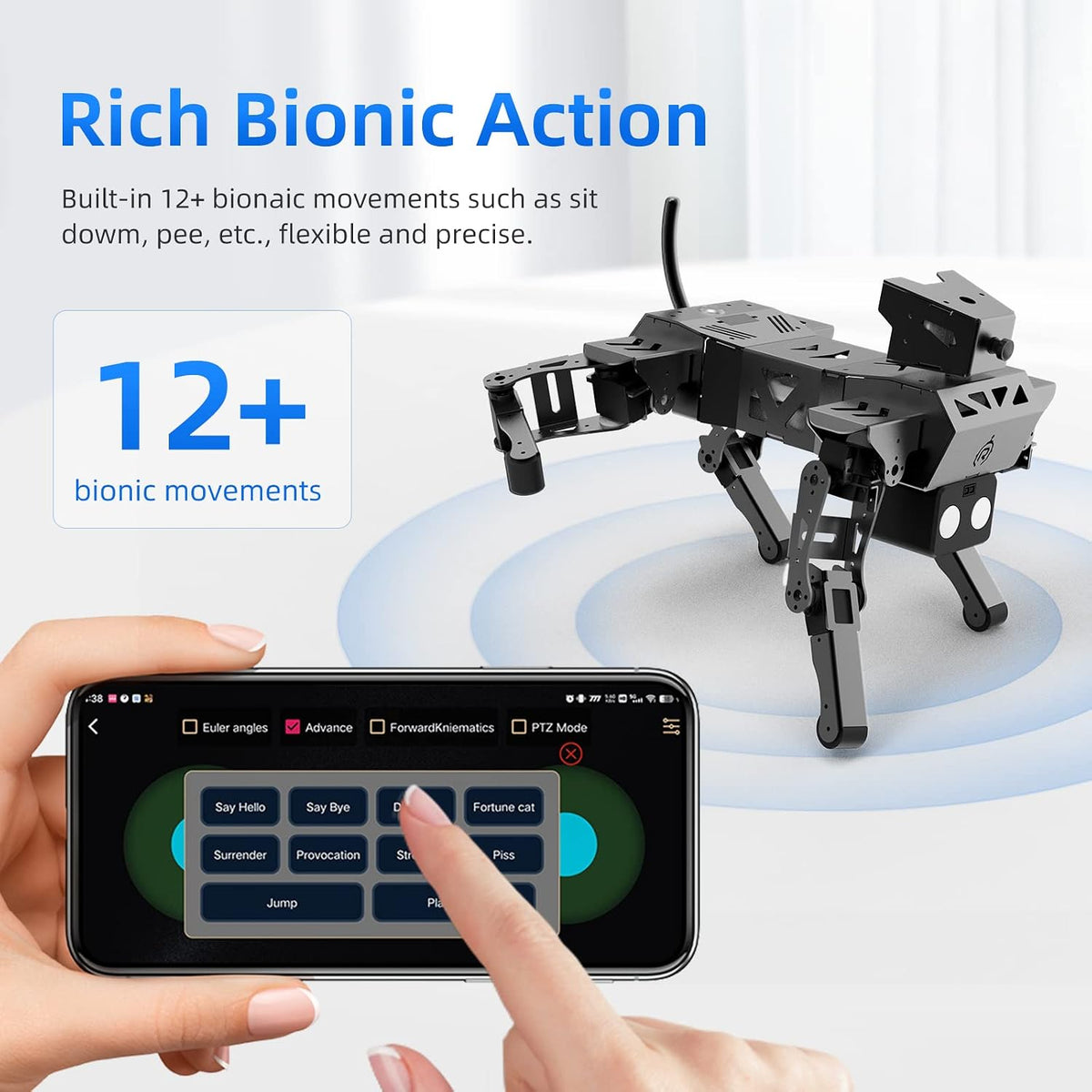 XiaoR Geek bionic robot pet connected to wireless app interface on smartphone