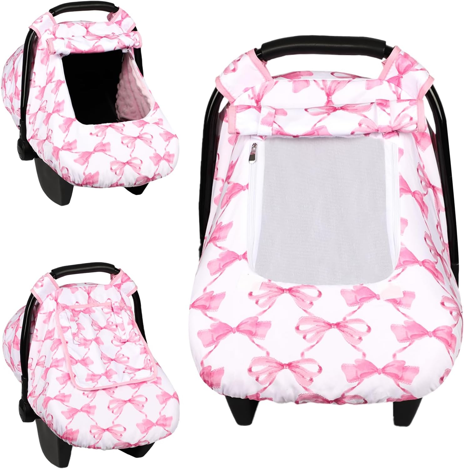HNHUAMING infant car seat cover pink bow front view showing premium canopy fabric design.