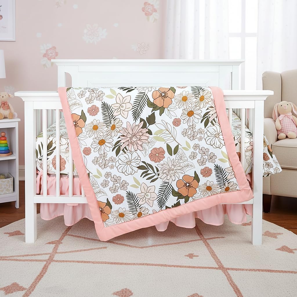 HNHUAMING 4-Piece Crib Bedding Set front view featuring the pink daisy baby quilt and matching nursery accessories.
