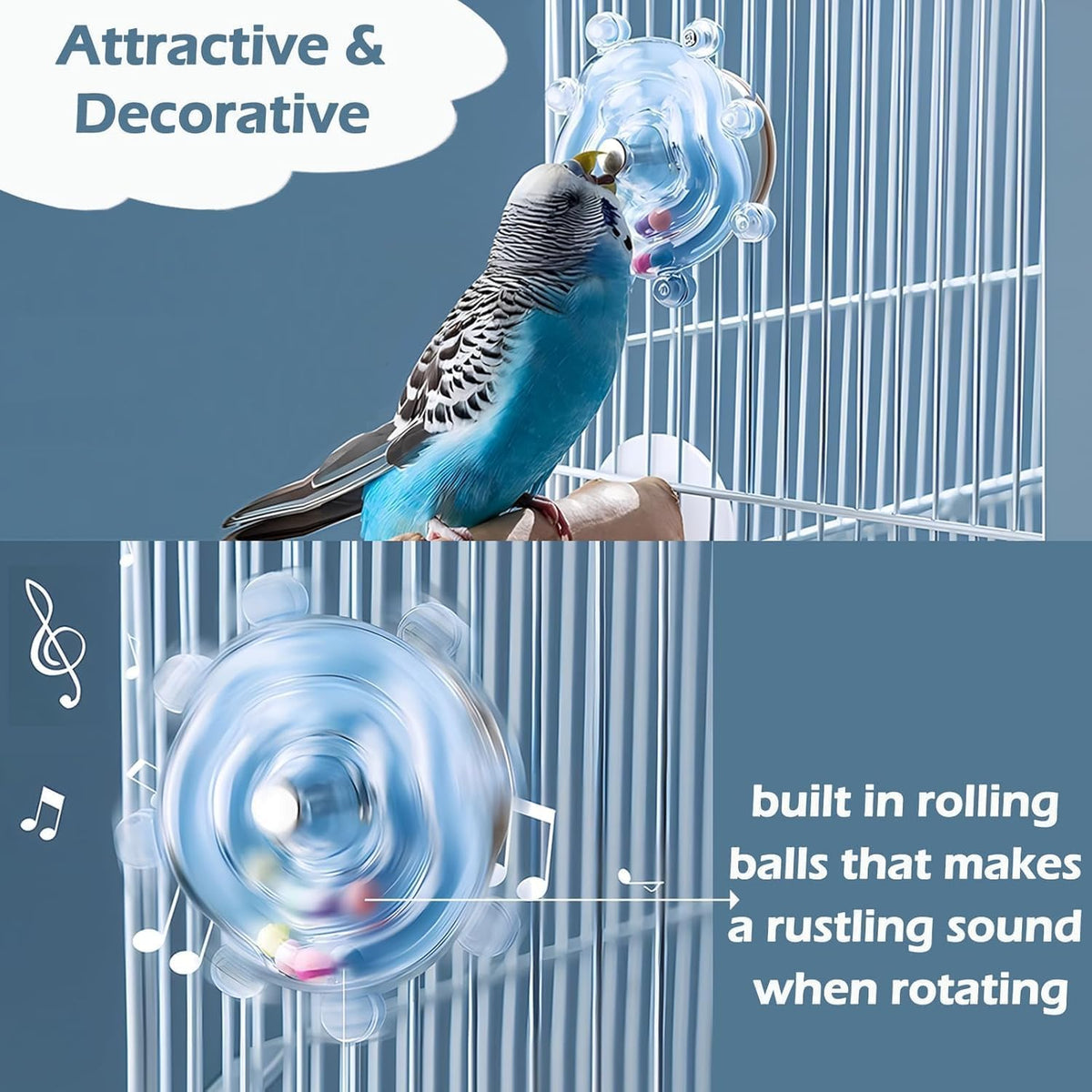 Colorful parakeet toys wheel cage attachment buckle detail