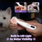 Pet grooming kit components including maintenance oil, cleaning brush, and spare replacement head.