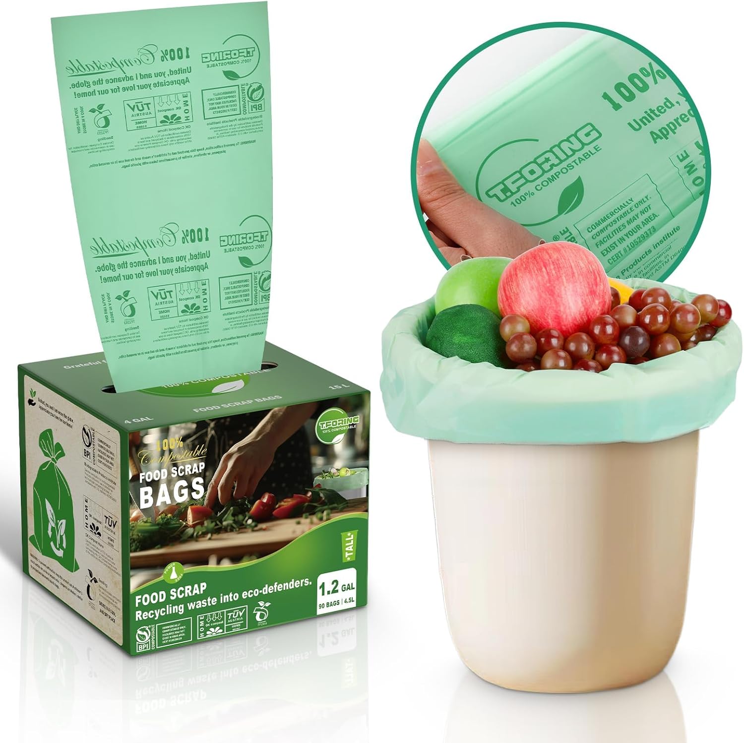 T.FORING 1.2 Gallon Compostable Trash Bags front view premium eco friendly kitchen liners