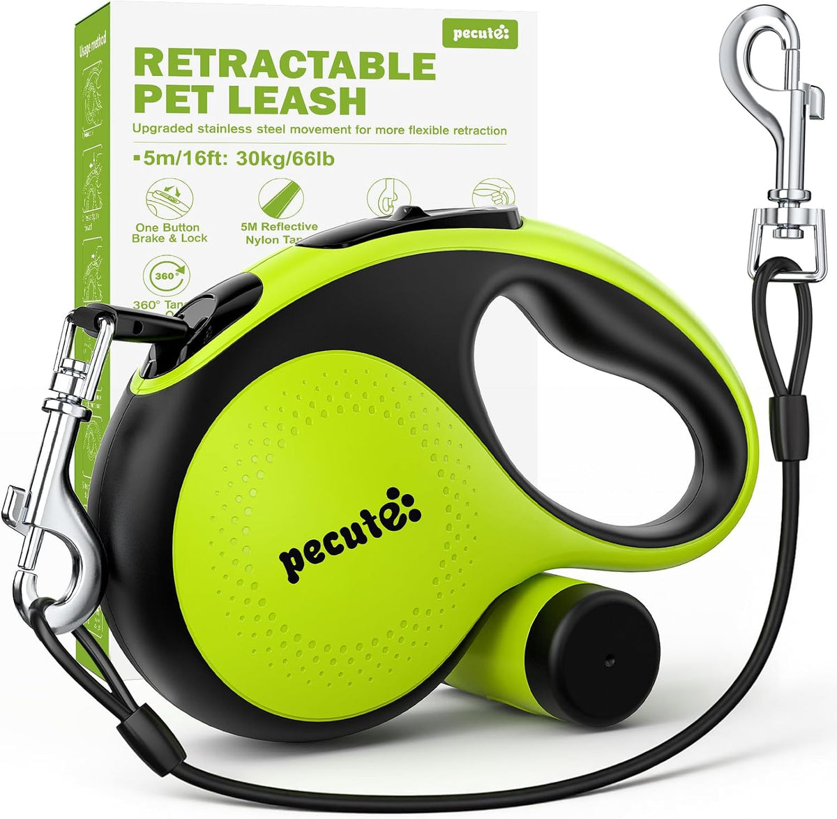 Pecute retractable dog leash with chew-proof cable front view