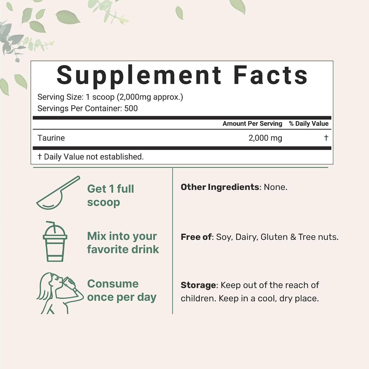 Micro Ingredients taurine powder nutritional supplement label details