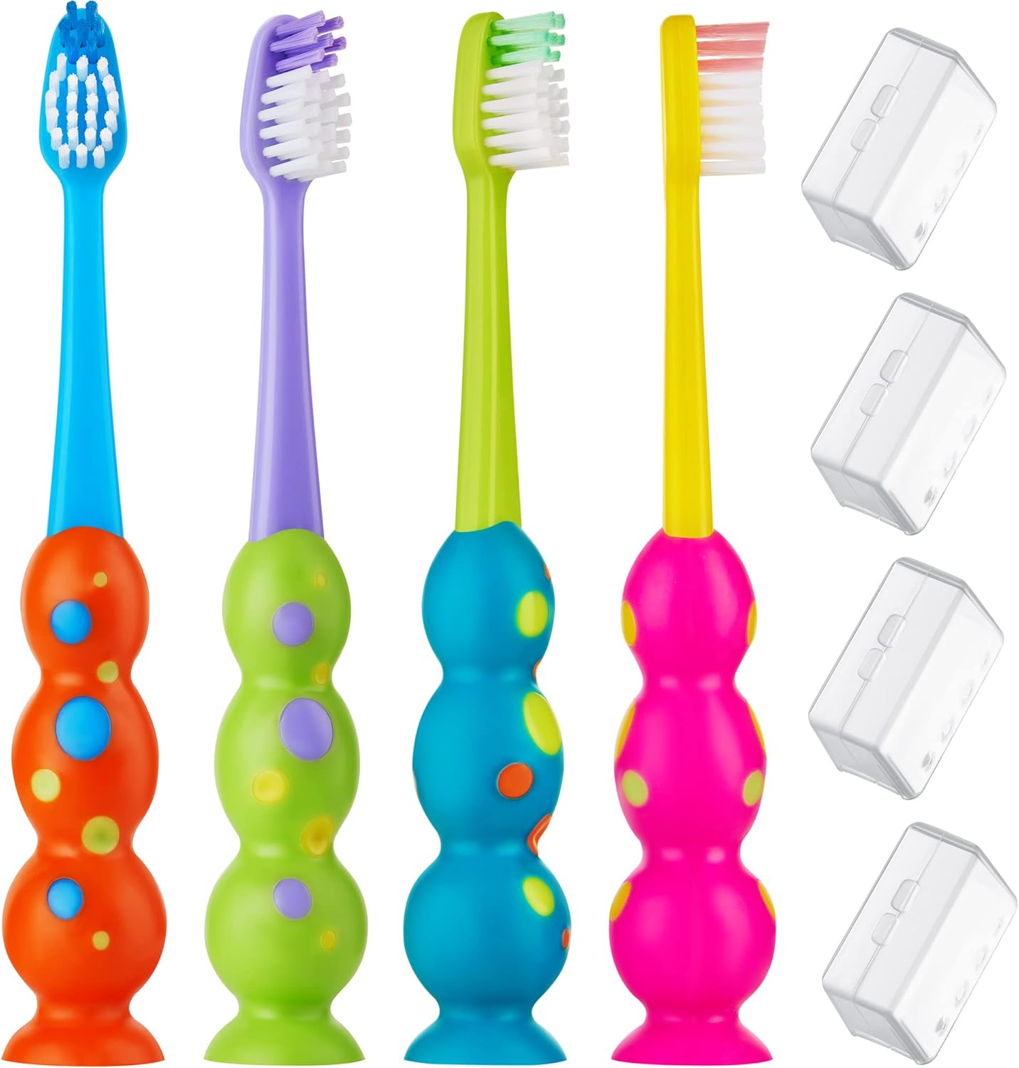 Trueocity Kids Toothbrush 4 Pack front view with soft bristles and suction cup base.