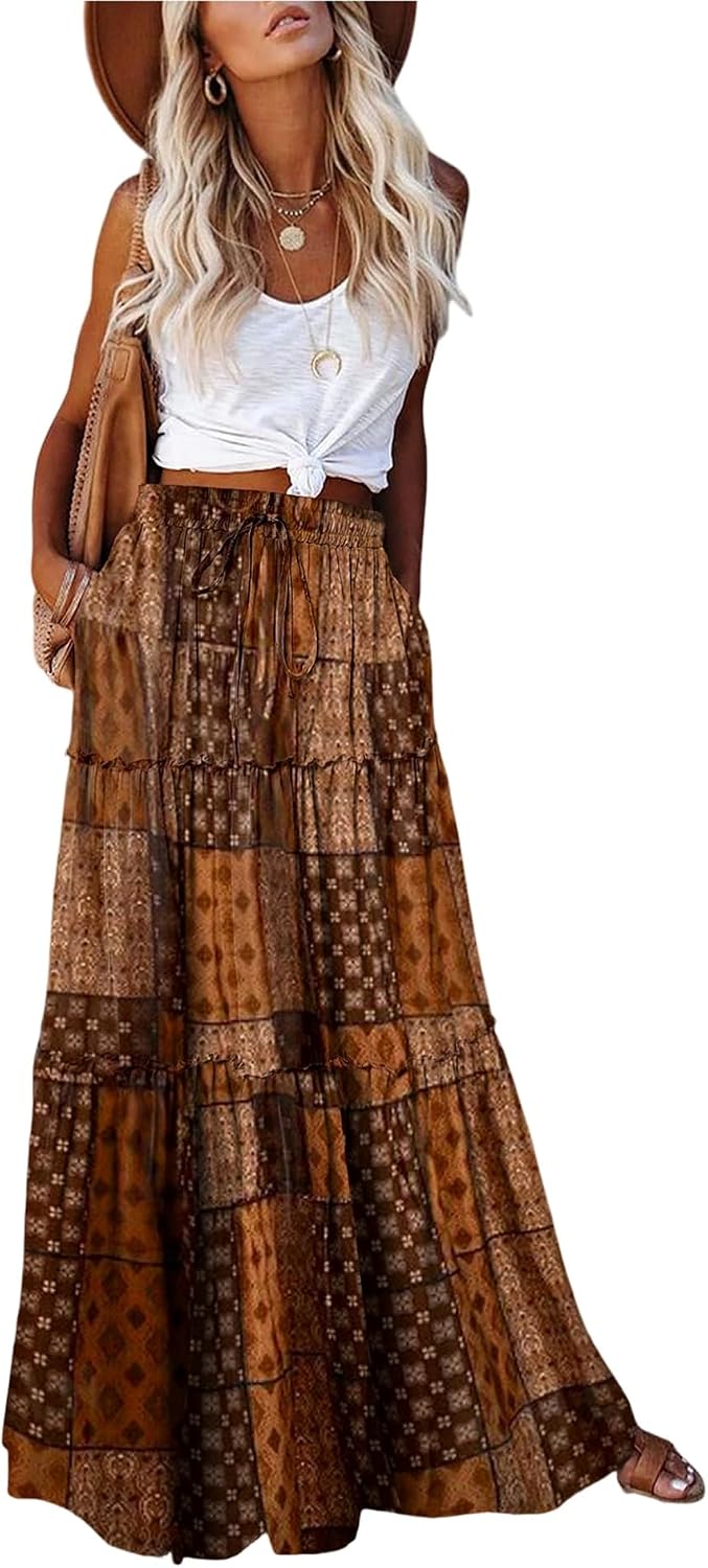 EARKOHA Womens Boho Maxi Skirt 2026 Summer Cruise Casual High Waist Tie Flowy Long Skirt with Pockets For Beach Vacation - Image 15