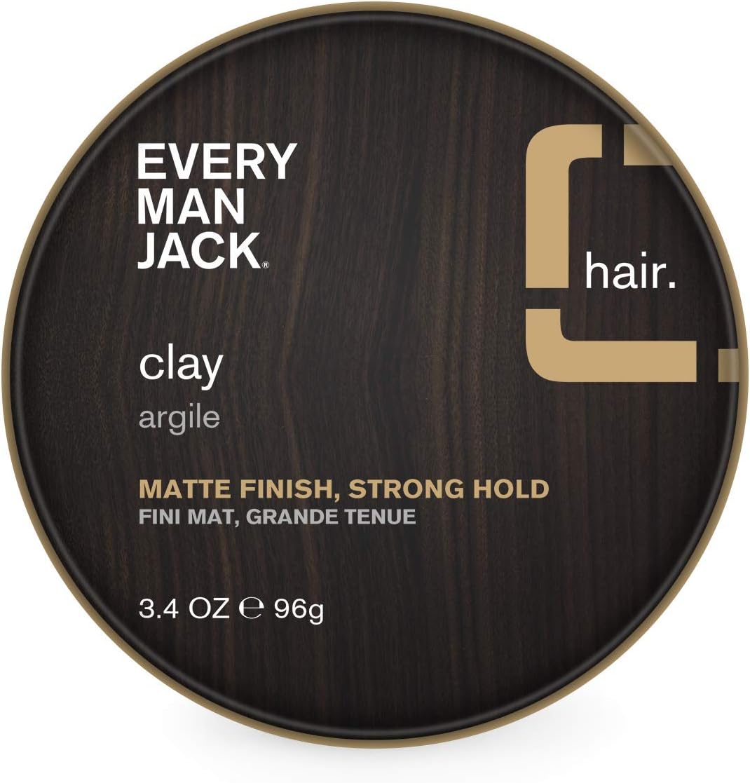 Every Man Jack Hair Styling Clay front view packaging of the matte finish strong hold tin.