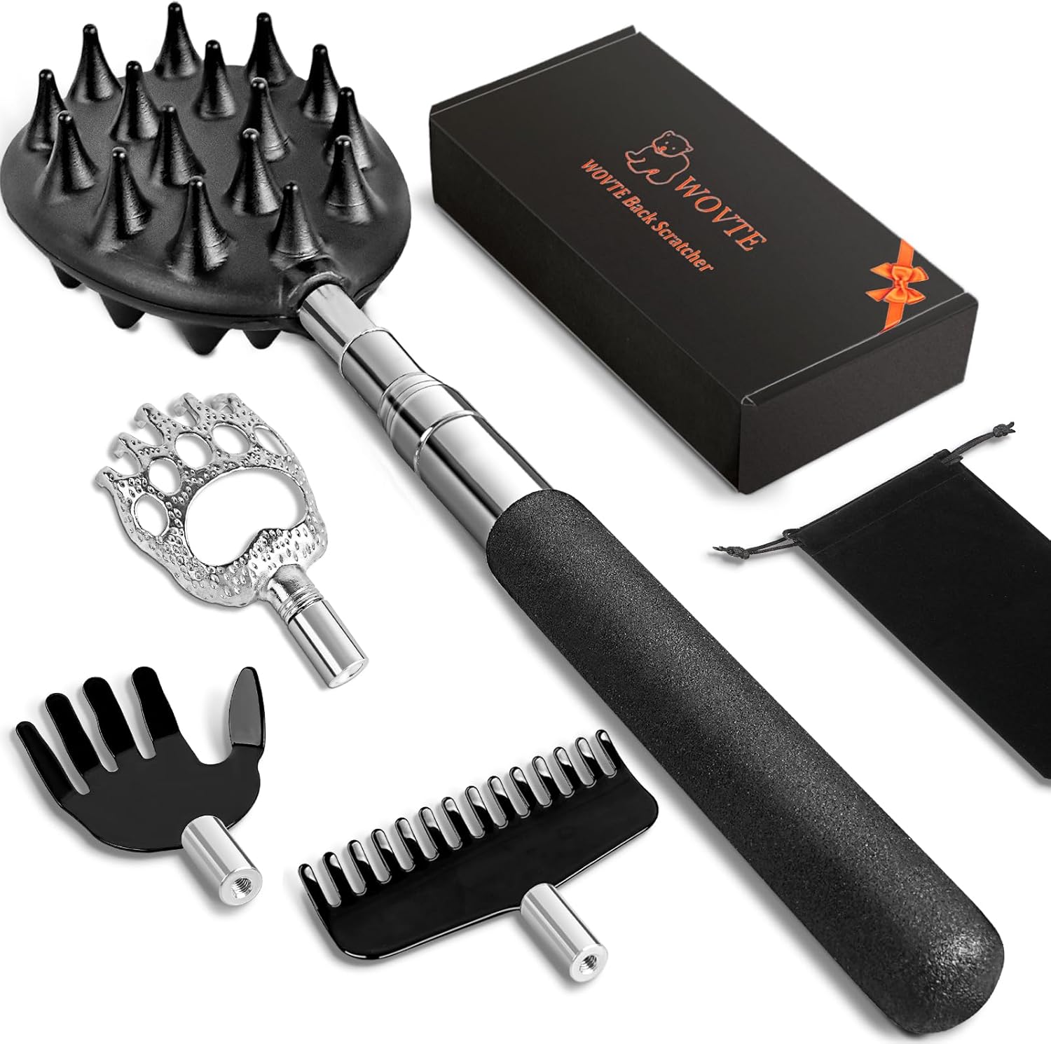Wovte extendable back scratcher with four interchangeable heads