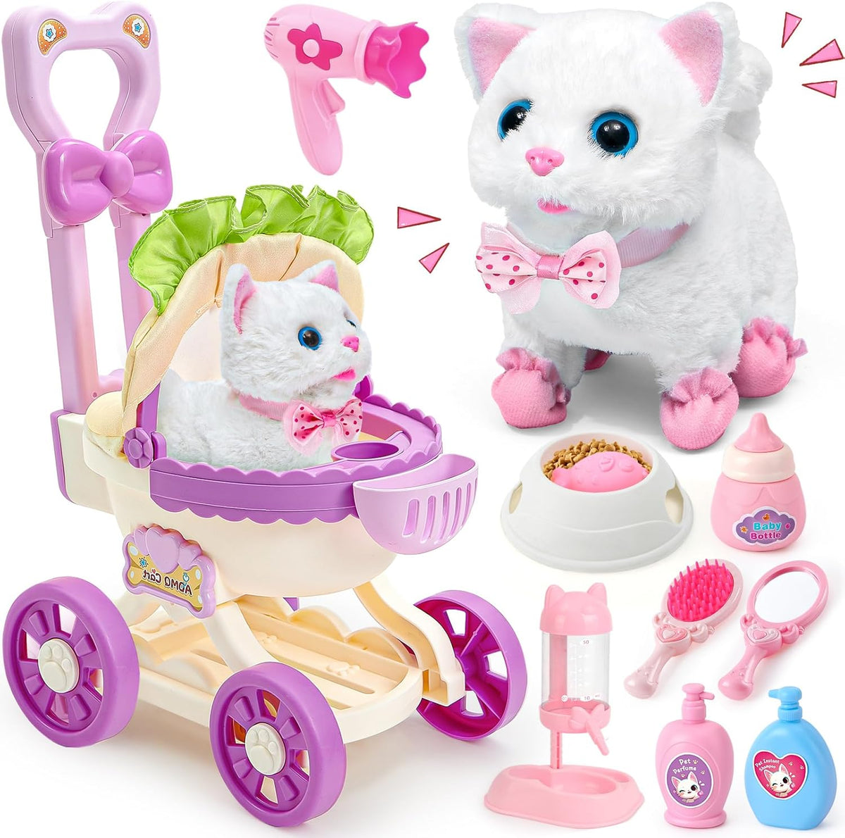 G.C electronic interactive stuffed cat with stroller front view