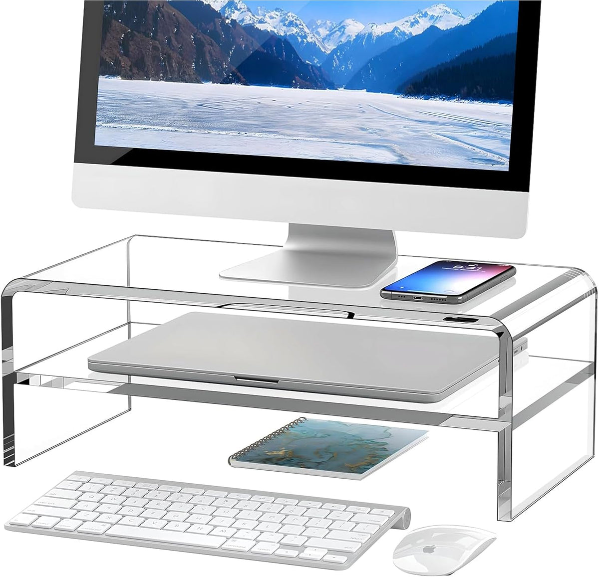 Egchi clear acrylic monitor stand riser front view holding a desktop screen on a clean office desk
