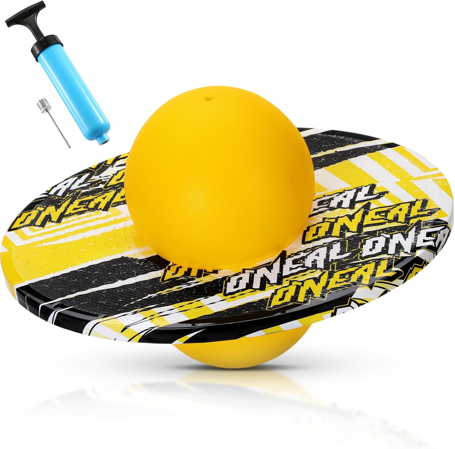 WinnerWhy pogo ball trick board front view showcasing the yellow and black graffiti style balance deck.