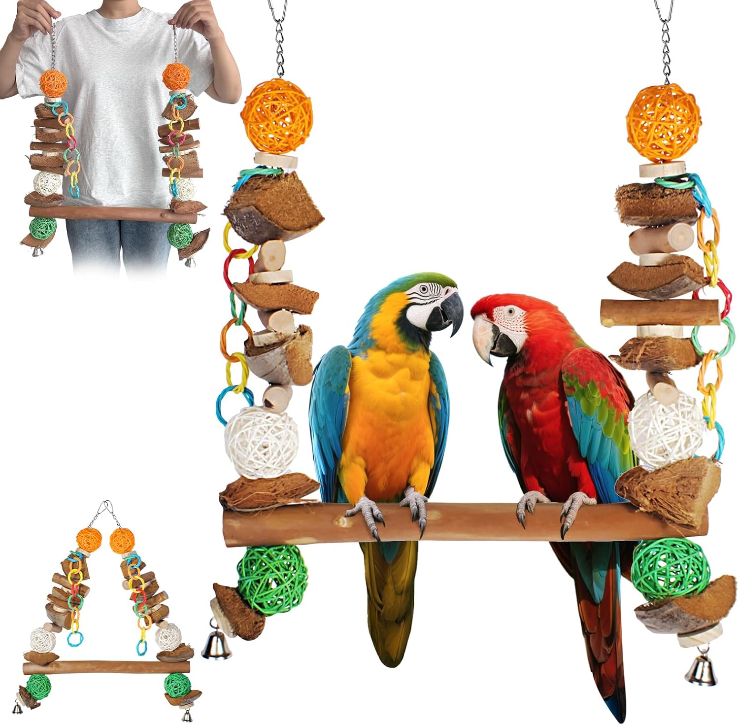Unimaxlink 3 in 1 parrot toy natural coconut fiber hammock front view hanging inside bird cage.