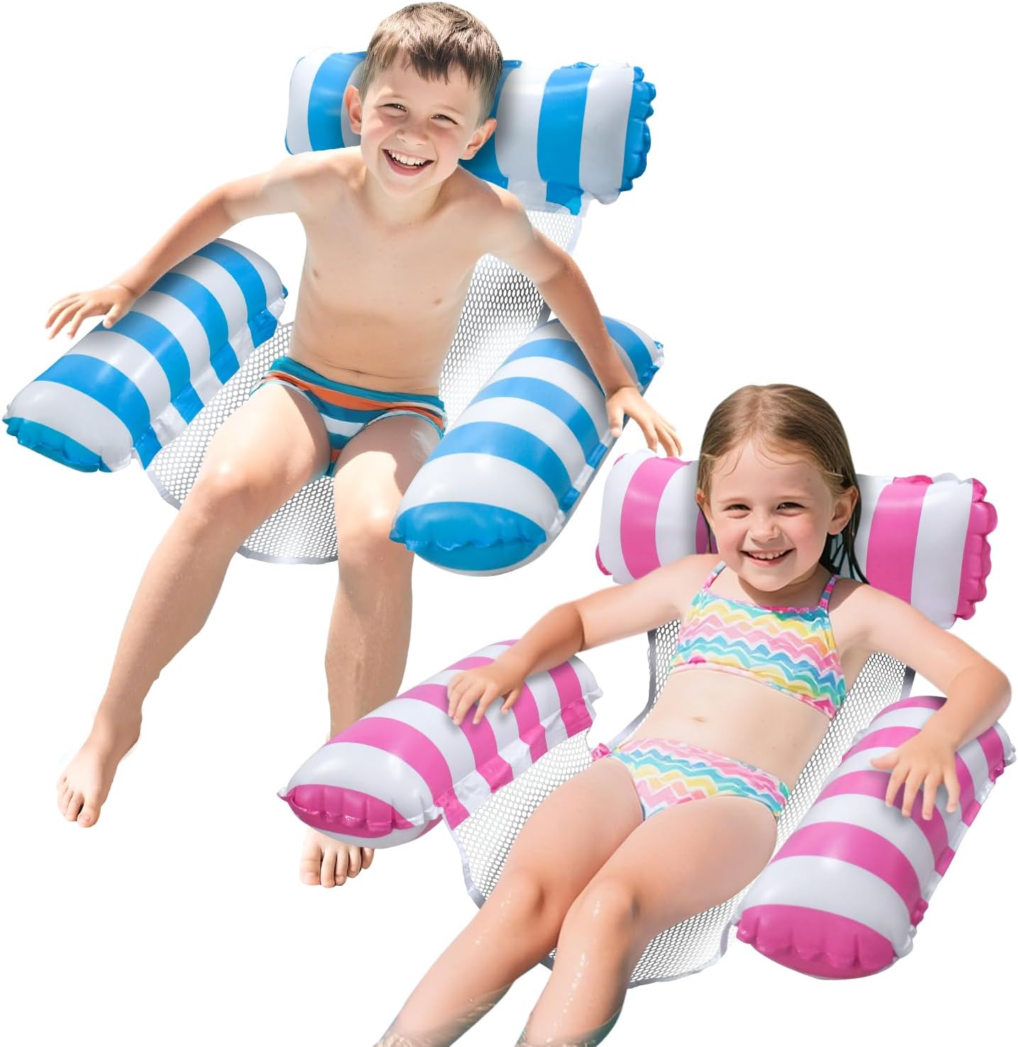 Meegoo kids pool float lounge chairs front view showing blue and rose red inflatable water hammocks.